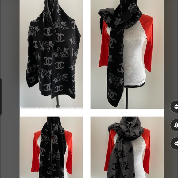 CHANEL 100% CASHMERE SCARF WITH CC LOGO AND CLASSIC FLOWERS ❤️❣️ - Picture 6 of 10